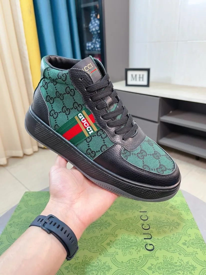 Men's shoes 💰438🌹🌹GUCCI [Gucci] New high-top men's shoes, a high-end brand, the latest fashionable casual men's shoes, trendy and versatile, relaxed and sporty style, uppers imported from Italy, first-layer cowhide, genuine leather lining, and ultra-fine workmanship. Original personalized fashionable rubber wear-resistant outsole, light and comfortable on the foot, size 38-44